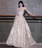 Gorgeous Champagne Gold Strapless A-Line Beaded Tulle Long Formal Prom Dresses