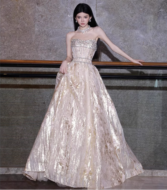 Gorgeous Champagne Gold Strapless A-Line Beaded Tulle Long Formal Prom Dresses
