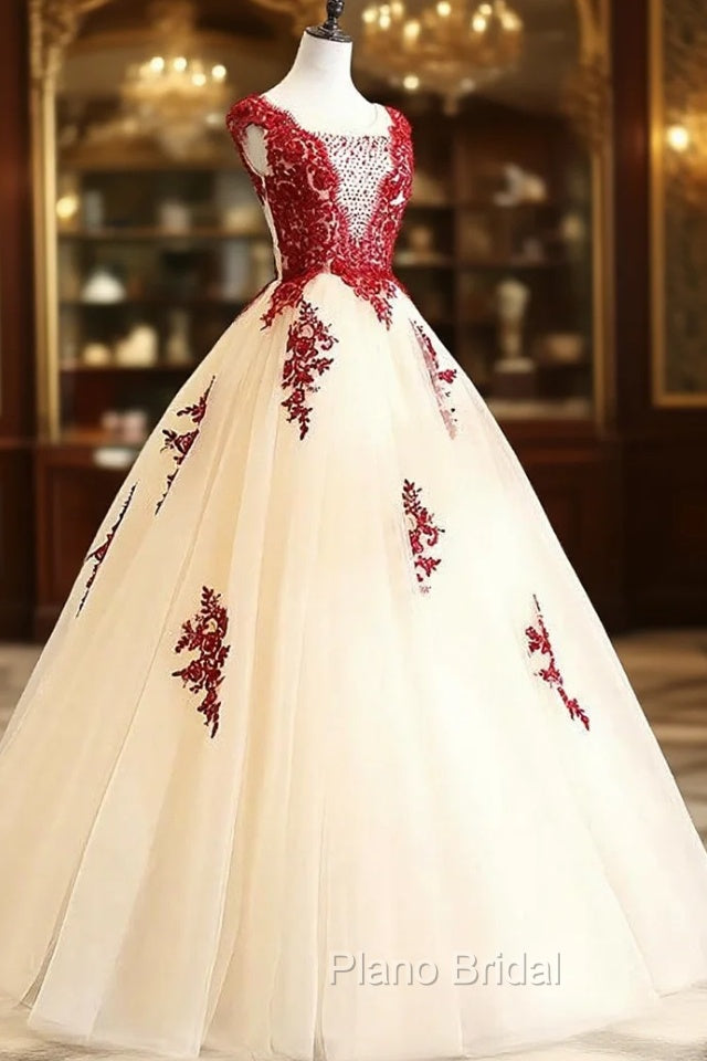 Gorgeous Champagne Tulle Long Sweet 16 Dresses with Red Lace, Formal Gown