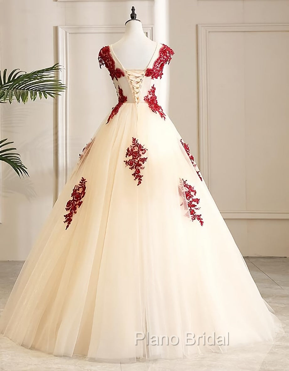 Gorgeous Champagne Tulle Long Sweet 16 Dresses with Red Lace, Formal Gown