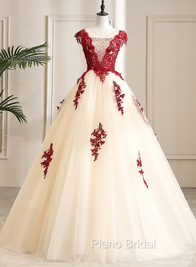Gorgeous Champagne Tulle Long Sweet 16 Dresses with Red Lace, Formal Gown