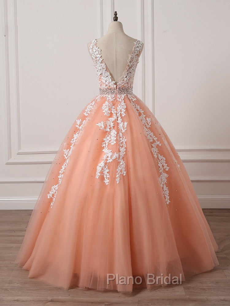 Gorgeous Coral Tulle High Quality V-neck Lace Appliques Beads Party Dresses, Long Formal Dresses Secondary image