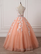 Gorgeous Coral Tulle High Quality V-neck Lace Appliques Beads Party Dresses, Long Formal Dresses
