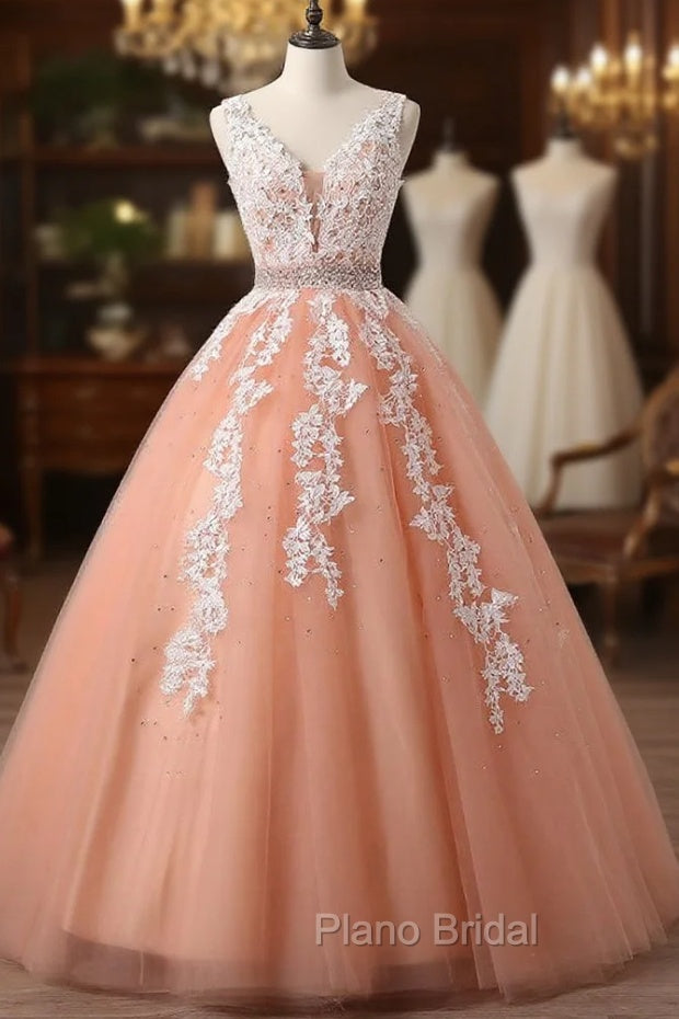 Gorgeous Coral Tulle High Quality V-neck Lace Appliques Beads Party Dresses, Long Formal Dresses