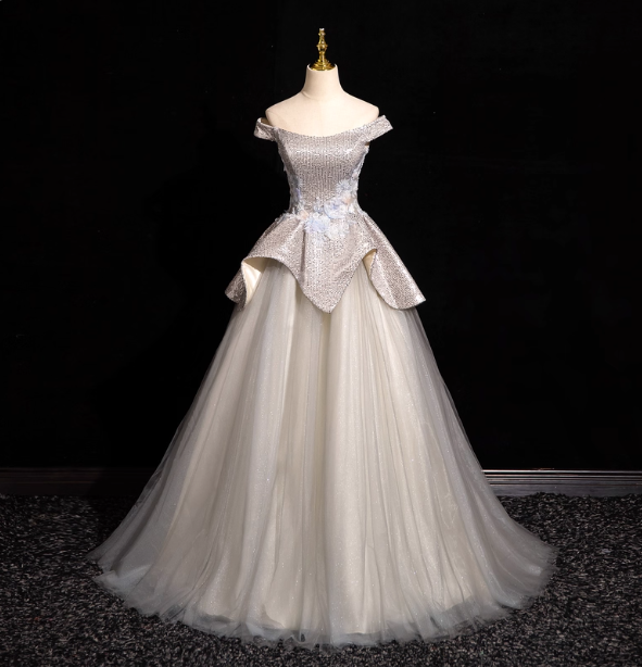 Gorgeous Court Silver-White One-Shoulder Sequin Tulle Long Ball Gown Prom Dresses Sweet 16 Dresses Secondary image