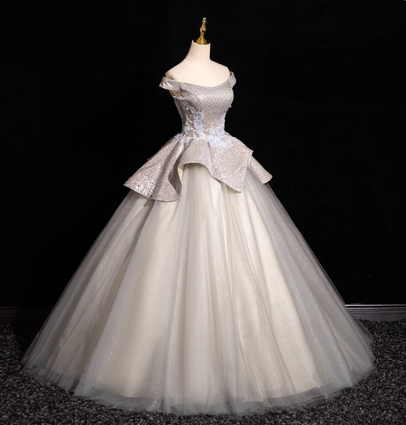 Gorgeous Court Silver-White One-Shoulder Sequin Tulle Long Ball Gown Prom Dresses Sweet 16 Dresses