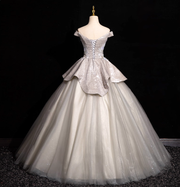 Gorgeous Court Silver-White One-Shoulder Sequin Tulle Long Ball Gown Prom Dresses Sweet 16 Dresses