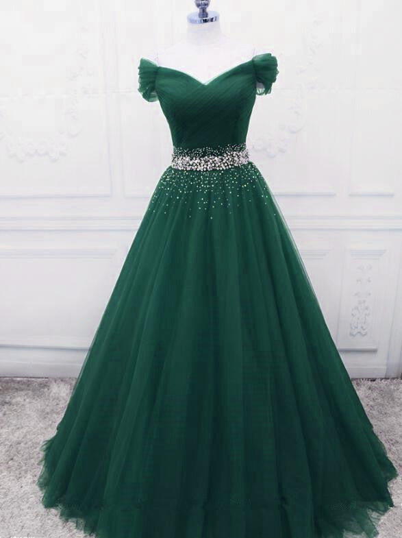Gorgeous Dark Green Tulle Off Shoulder Long Party Dresses, Formal Prom Gown Secondary image