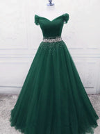 Gorgeous Dark Green Tulle Off Shoulder Long Party Dresses, Formal Prom Gown