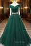 Gorgeous Dark Green Tulle Off Shoulder Long Party Dresses, Formal Prom Gown