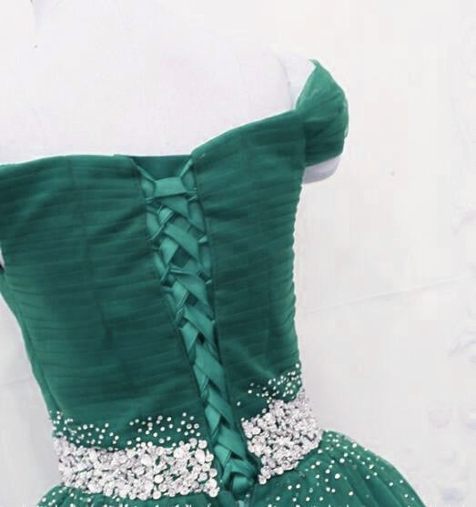 Gorgeous Dark Green Tulle Off Shoulder Long Party Dresses, Formal Prom Gown
