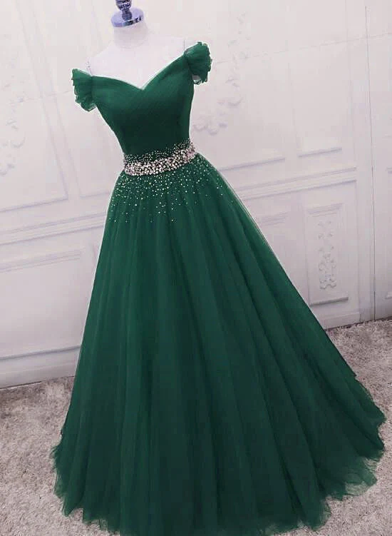 Gorgeous Dark Green Tulle Off Shoulder Long Party Dresses, Formal Prom Gown