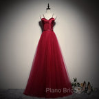 Gorgeous Dark Red Straps Tulle Long Party Dresses, A-line Formal Dresses