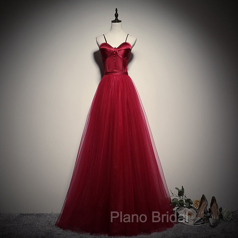 Gorgeous Dark Red Straps Tulle Long Party Dresses, A-line Formal Dresses