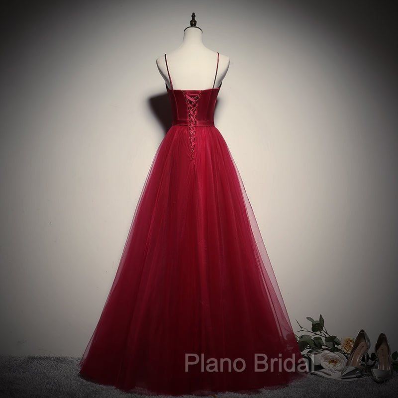 Gorgeous Dark Red Straps Tulle Long Party Dresses, A-line Formal Dresses