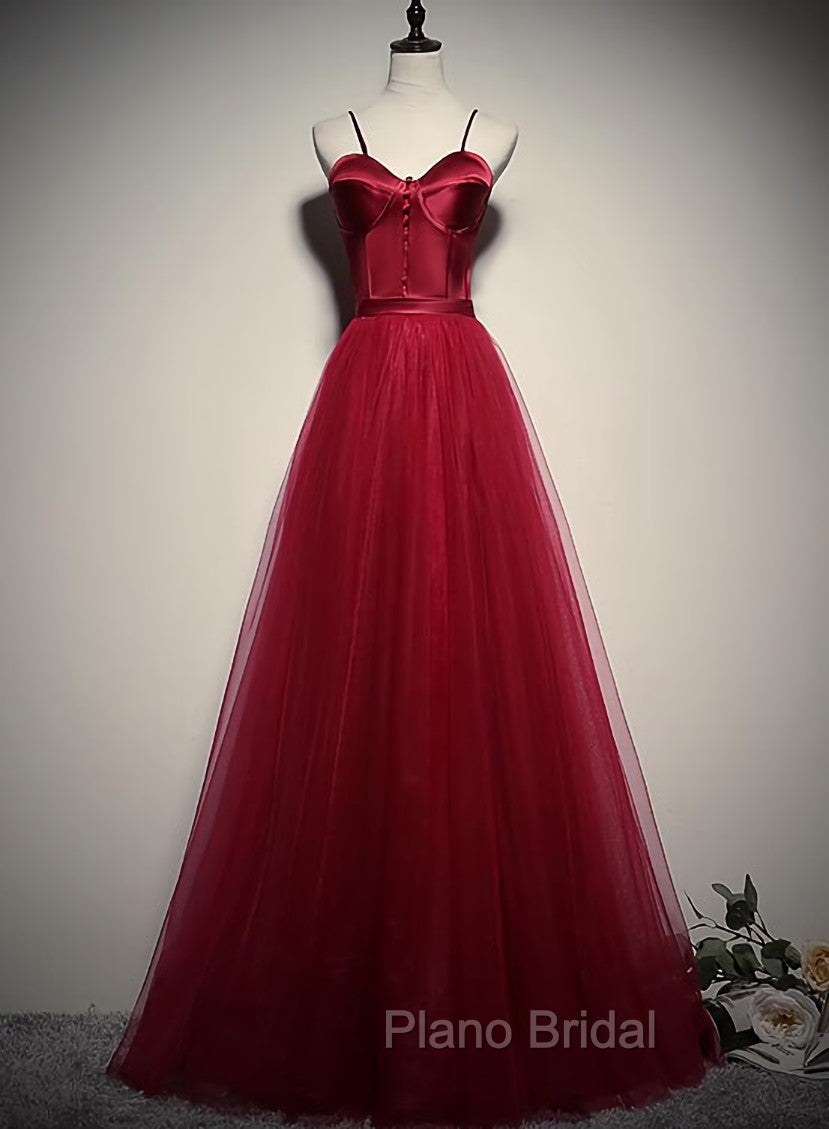 Gorgeous Dark Red Straps Tulle Long Party Dresses, A-line Formal Dresses Main image