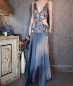 Gorgeous Gradient Blue 3D Floral Openwork Chiffon Long Formal Prom Dresses