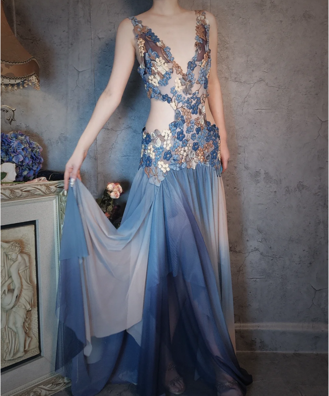 Gorgeous Gradient Blue 3D Floral Openwork Chiffon Long Formal Prom Dresses