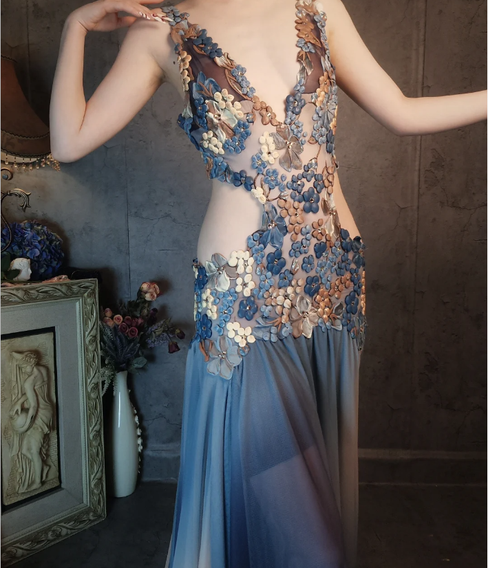 Gorgeous Gradient Blue 3D Floral Openwork Chiffon Long Formal Prom Dresses