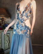 Gorgeous Gradient Blue 3D Floral Openwork Chiffon Long Formal Prom Dresses