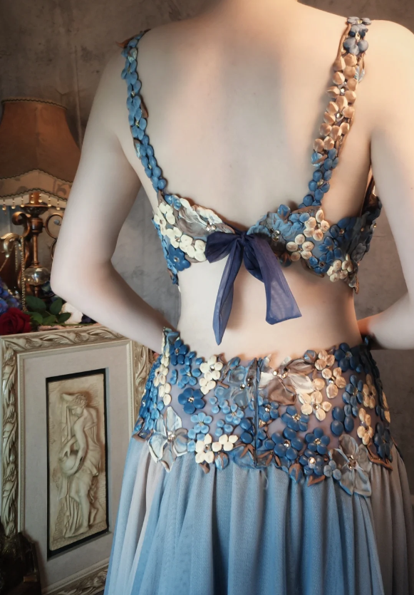 Gorgeous Gradient Blue 3D Floral Openwork Chiffon Long Formal Prom Dresses