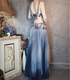 Gorgeous Gradient Blue 3D Floral Openwork Chiffon Long Formal Prom Dresses