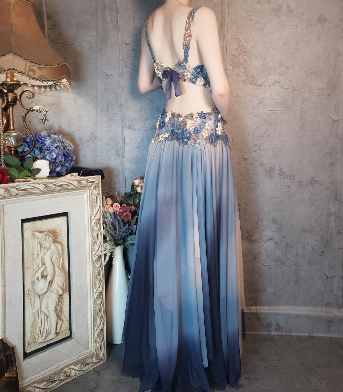 Gorgeous Gradient Blue 3D Floral Openwork Chiffon Long Formal Prom Dresses
