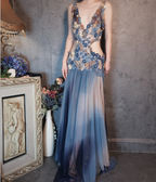 Gorgeous Gradient Blue 3D Floral Openwork Chiffon Long Formal Prom Dresses