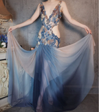 Gorgeous Gradient Blue 3D Floral Openwork Chiffon Long Formal Prom Dresses