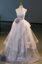 Gorgeous Gray Tulle Long Formal Dresses, Gray Strapless Evening Dresses