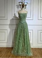 Gorgeous Green A-Line Square Neck Spaghetti Strap Beaded Embroidered Tulle Long Formal Prom Dresses