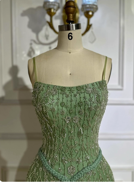 Gorgeous Green A-Line Square Neck Spaghetti Strap Beaded Embroidered Tulle Long Formal Prom Dresses