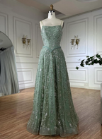 Gorgeous Green A-Line Square Neck Spaghetti Strap Beaded Embroidered Tulle Long Formal Prom Dresses