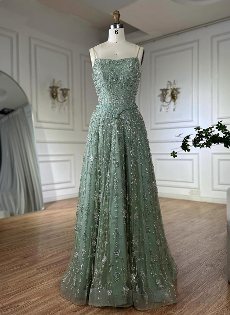 Gorgeous Green A-Line Square Neck Spaghetti Strap Beaded Embroidered Tulle Long Formal Prom Dresses