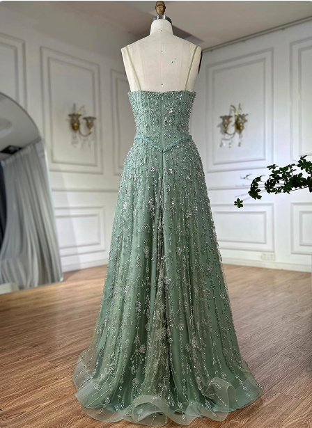 Gorgeous Green A-Line Square Neck Spaghetti Strap Beaded Embroidered Tulle Long Formal Prom Dresses