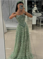 Gorgeous Green A-Line Square Neck Spaghetti Strap Beaded Embroidered Tulle Long Formal Prom Dresses