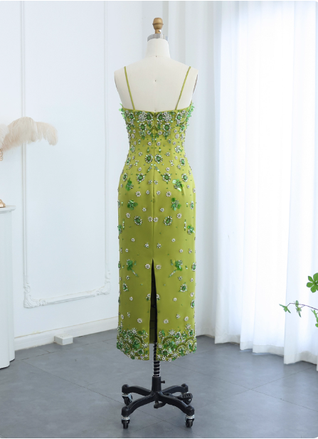 Gorgeous Green Bodycon Spaghetti Strap Square Neck Rhinestone Satin Long Formal Prom Dresses Secondary image