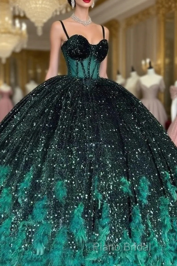 Gorgeous Green Sequins Feathers Ball Gown Quinceanera Dresses Formal Sweet 16 Formal Prom Dresses Main image