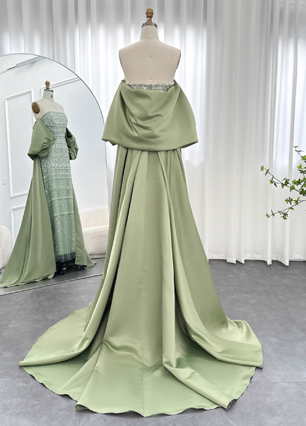 Gorgeous Green Strapless Beaded Cape Satin Train Formal Prom Dresses