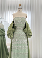 Gorgeous Green Strapless Beaded Cape Satin Train Formal Prom Dresses