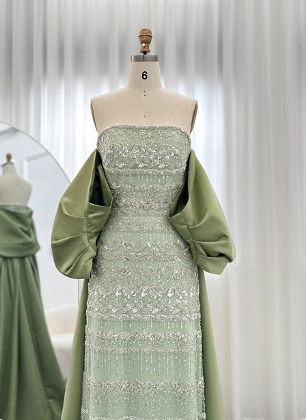 Gorgeous Green Strapless Beaded Cape Satin Train Formal Prom Dresses