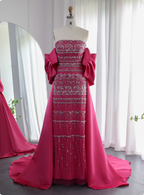 Gorgeous Green Strapless Beaded Cape Satin Train Formal Prom Dresses