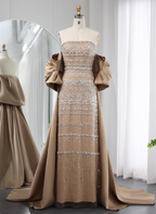 Gorgeous Green Strapless Beaded Cape Satin Train Formal Prom Dresses