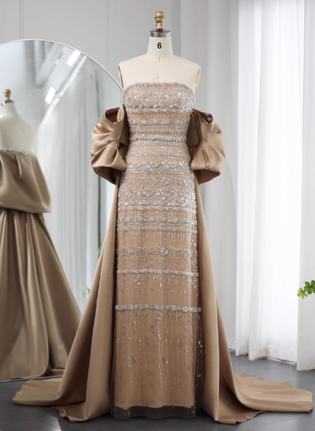 Gorgeous Green Strapless Beaded Cape Satin Train Formal Prom Dresses