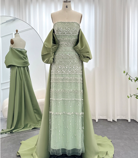 Gorgeous Green Strapless Beaded Cape Satin Train Formal Prom Dresses