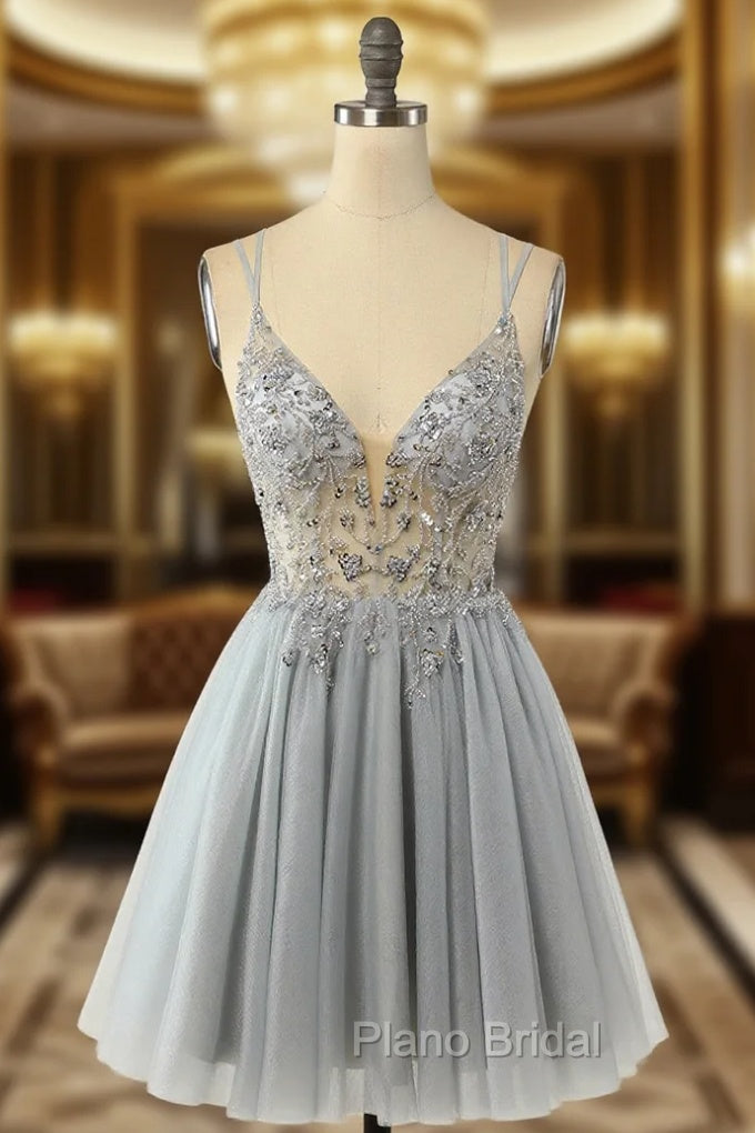Gorgeous Grey Homecoming Dresses A Line Spaghetti Straps Short Formal Prom Dresses with Beading Main image