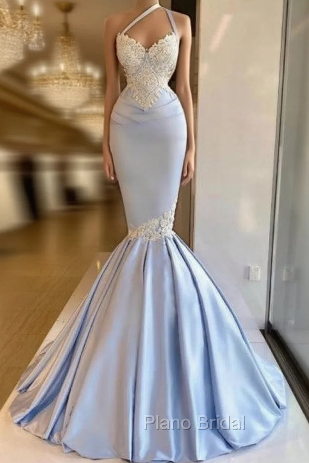 Gorgeous Halter Mermaid Formal Prom Dresses Long With Lace Appliques Main image