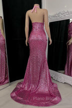 Gorgeous Halter Pink Formal Prom Dresses Sequins Sleeveless Long With Split