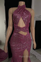 Gorgeous Halter Pink Formal Prom Dresses Sequins Sleeveless Long With Split