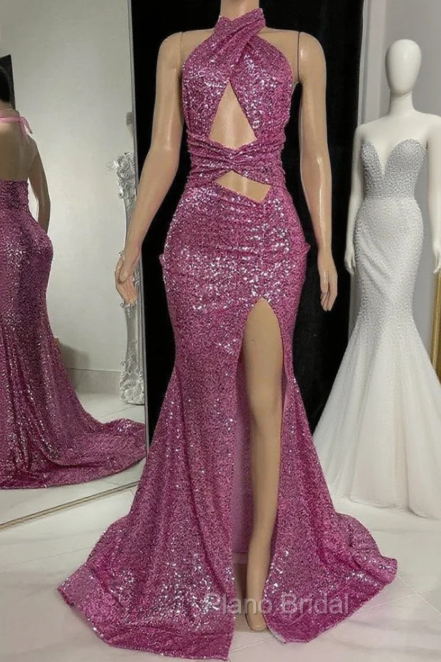 Gorgeous Halter Pink Formal Prom Dresses Sequins Sleeveless Long With Split Main image